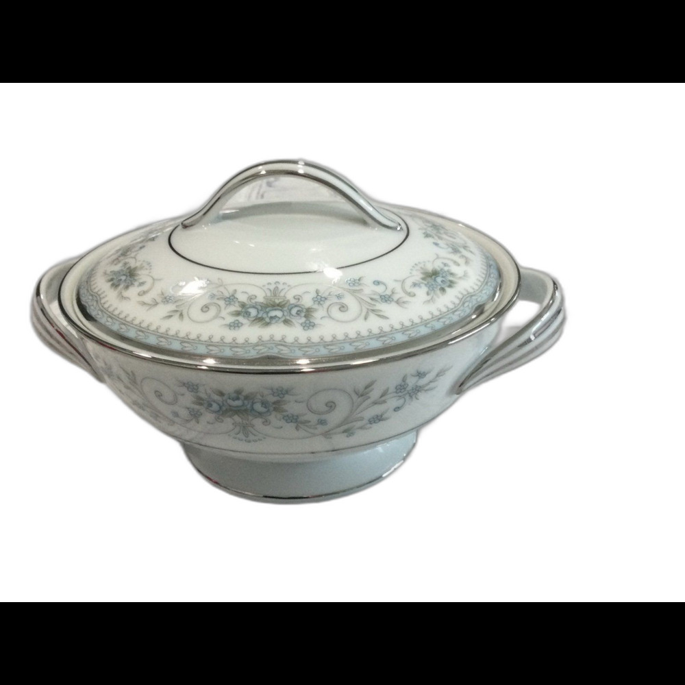 Noritake China Sugar Bowl with Lid Colburn Collection #6107 White Gray Silver